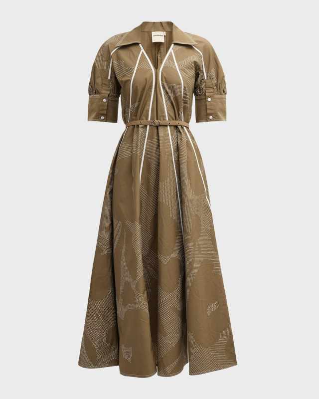 Gilded Glamour Abstract-Print Seamed Midi Dress